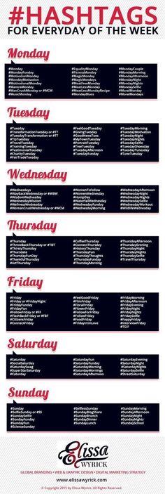 the hashtags for every day of the week are shown in red and black