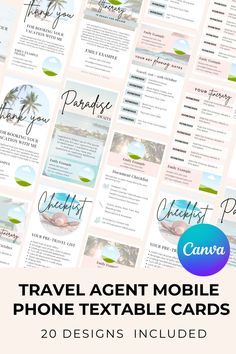 the travel agent mobile phone text card is shown in pink, blue and green colors