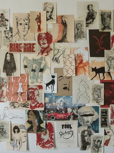 a wall covered in lots of different types of drawings