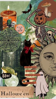 halloween collage with pumpkins, ghost and cat in the middle surrounded by other items