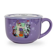 a purple ceramic mug with cartoon characters on it