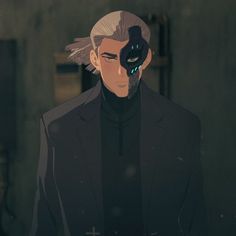 an anime character with grey hair wearing a black suit and blue eyes, standing in front of a building