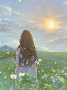 a girl in a field with daisies looking at the sky