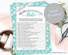 a blue and white printable wedding game with scissors, yarn and paper on it