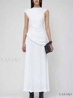 Folded Sleeve Midi Dress White Ruched Maxi Dress For Evening, White Ruched Maxi Evening Dress, White Draped Maxi Dress For Evening, Elegant Ruched Sheath Maxi Dress, Spring Formal Draped Maxi Dress, Formal Draped Maxi Dress For Spring, White Ruched Maxi Dress For Formal Occasions, How To Fold Sleeves, Mid Calf Dresses