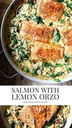 salmon with lemon orzo and spinach in a skillet