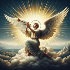 an angel playing the trumpet on top of clouds with sun shining through it's wings