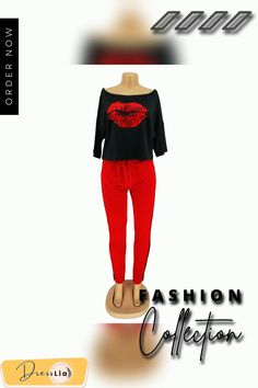 Lip Print Middle Sleeve T-shirt+ Contrast Color Trousers Two-piece Set Lip Print, Lips Print, Two Piece Sets, 1 Million, Contrasting Colors, Two Piece, Lips, Trousers, T Shirt