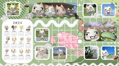 a calendar with pictures of cats and flowers on the front, in pastel green tones