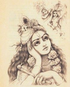 a pencil drawing of a woman with flowers on her head