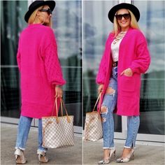 BREE Soft Pink Cardigan Long Length Petite Maxi Coats For Womens Bright Pink, Pink Long Cardigan, Soft Pink Cardigan, Pink Cardigan Outfit, Long Pink Sweater, Sweater With Leggings, Black Dress With Heels, Hot Pink Cardigan, Sneakers Street