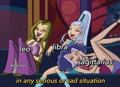 two cartoon characters with caption in front of them that says, leo libra sagittrius