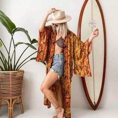 Elevate Your Wardrobe With Our Gorgeous Floral And Paisley Printed Open Style Kimono Wrap. Perfect For Your Next Vaca As It Pairs Well Over A Swimsuit Or A Layered For A Daytime Look. Comes With A Matching Self Tie Sash Style Belt. One Size Fits Most Our Boutique Is Filled With A Curated Collection Of Styles: Spell Gypsy Boho Bohemian Hippie Retro Vintage Handmade Coachella Festival Free People Anthropologie Johnny Was Urban Outfitters Western Aztec Tribal Floral Vacation Fall Winter Spring Summ Boho Robes, Loose Kimono, Kimono Wrap, Chiffon Midi Dress, Print Kimonos, Mesh Bag, Bohemian Dress, Batwing Sleeve, Kimonos