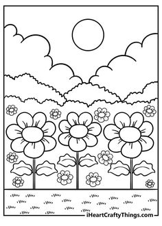 a coloring page with flowers and clouds in the background