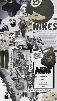 a collage of sports related items including shoes, hats, and other things in black and white