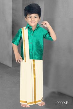 roduct Description South Indian Kids Dhoti Half Sleeves Shirt With Mundu - Angavastram Traditional Onam - Ethnic Dress For Boy's kurta pajama / annaprasana Type - Shirt & Mundu With AngavastramMaterial - SilkNeck - Collar NeckSleeves - Half SleevesClosure - Front Button ClosureFit - Regular fit Fabric : Quality silk fabric Actual color of the dress may slightly vary due to the screen resolution. Care: Hand & cold wash/dry-cleaning Size may slightly vary depending on the style of the dress. Refer Festive Green Short Sleeve Top, Traditional Green Cotton Shirt, Short Sleeve Tops For Eid Festivities, Festive Short Sleeve Tops For Eid, Traditional Wear With Pallu For Festivals, Festive Kurta For Navratri With Short Sleeves, Festive Short Sleeve Kurta For Navratri, Traditional Short Sleeve Tops For Eid, Navratri Kurta With Short Sleeves