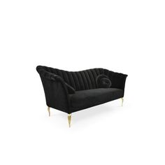 a black velvet couch with gold legs on an isolated white background for use in interior and exterior design