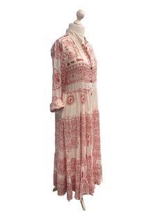 Boho button down maxi Dressby Festival StallOne size - will fit - UK 8 10 12 14 US 4 6 8 10 US 4 6 8 10{please note listed dress is grey in colour, photo of model shows fit and style of the dress in a different colour)This dress is simply gorgeous in a super soft Raylon Om yoga print, it is guaranteed to give you the wow factor. It is light weight and floaty, it has a mandarin style collar, with a button down front and long sleeves, that can be rolled up. It is stylish and you will feel a millio Bohemian Maxi Dress With Buttons For Summer, Bohemian Summer Maxi Dress With Buttons, Summer Long Maxi Dress With Button Closure, Long Printed Hippie Dresses, Bohemian Patterned Maxi Dress, Casual Long Sleeve Maxi Dress For Festivals, Hippie Printed Maxi Dress, Beach Maxi Dress With Button Closure, Red Buttoned Maxi Dress For Summer