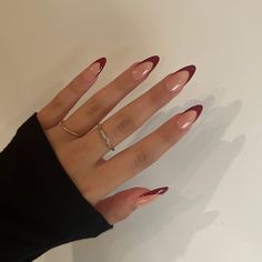 Wine Red Tip Nails, Gel X Nails Almond Red, Wine Red French Tip Nails Almond, Red Wine Nails Acrylic With Design, Wine French Tip Nails Almond, Red Wine Nails French Tip, Cherry Red Tip Nails, Almond Nails Wine Red, Wine Nails French Tip