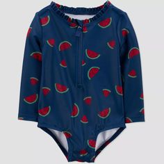 Carter's Just One You® Baby Girls' Long Sleeve Watermelon One Piece Rash Guard - Red/navy Blue : Target Long Sleeve Swimwear With Upf 50+ For Play, Playful Blue Rash Guard For Pool, Blue Swimwear With Upf 50+ For Playtime, Blue Rash Guard For Beach Season Playwear, Blue Fitted Rash Guard For Playwear, Blue Rash Guard With Uv Protection For Playwear, Blue Rash Guard For Summer Playwear, Playful Blue Rash Guard For Playwear, Playful Blue Rash Guard For Beach