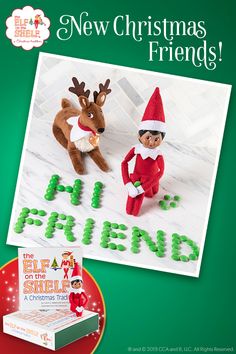 an advertisement for the elf on the shelf with two stuffed animals and a christmas card