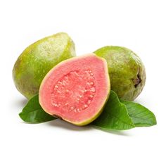 two pieces of guavaa with leaves on white background