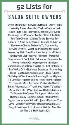 the salon suite owner's list is shown in green and white, with text overlay