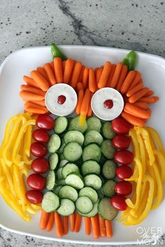 a plate with carrots, cucumbers and peppers in the shape of an owl