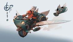 an animated image of a person on a motorcycle with two wings flying over it and another car in the background