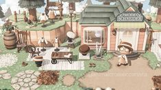 an animated image of a small town with lots of trees and people in the yard