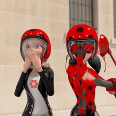 two cartoon characters are standing next to each other in front of a building and one is covering her mouth