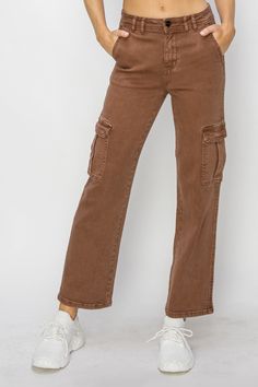 Risen High Rise Cargo Jeans-Trendsi-Espresso-0(24)-[option4]-[option5]-[option6]-[option7]-[option8]-Shop-Boutique-Clothing-for-Women-Online High Rise Cargo Jeans, Fashion Forward Outfits, Jeans Online, Military Inspired, Cargo Jeans, Wide Leg Denim, Boyfriend Fit, Swimwear Tops, Cropped Pants