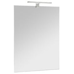 an empty white square mirror hanging on a metal bar with a light in the middle