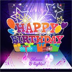 happy birthday music & lights card with fireworks and gift boxes in the middle, on a purple background