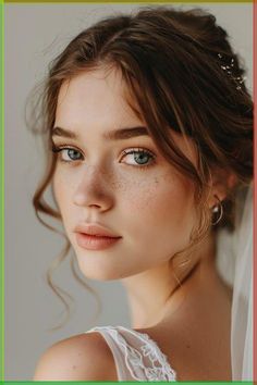 Bride Simple Makeup Natural Looks, Natural Glam Makeup Redhead, Minimalist Makeup Wedding, Bare Makeup Look Fresh Face, Wedding Updos For Medium Hair Front View, Dewy Natural Wedding Makeup, Freckles Wedding Makeup, No Makeup Look Bride, Barely There Wedding Makeup