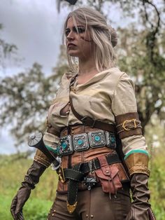 a woman dressed in steampunk clothing standing outside