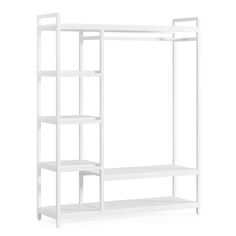 a white shelving unit with four shelves