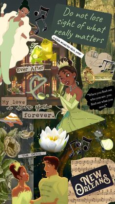 the princess and the frog collage is shown in this image, with words above it