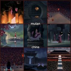 many different scenes from the animated movie mulan, china, and disney's