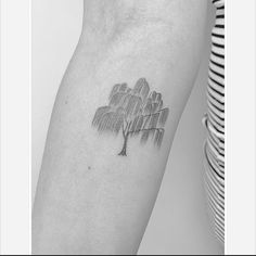 a black and white photo of a tree tattoo on the left inner arm, with an outline of a tree behind it