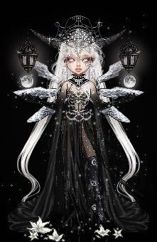 a woman with white hair and wings standing in front of a black background, surrounded by stars