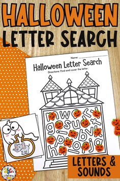 halloween letter search with pumpkins on the floor and an orange polka dot table cloth