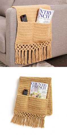 a couch with a magazine holder on it and a crocheted scarf hanging from the back