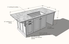 an island with two sinks and measurements for it