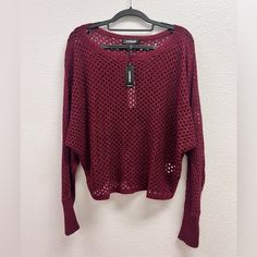 Express Crochet Style Burgundy Sweater Size M New With Tags! Perfect For Spring To Wear Over A Tank Or Swimsuit! 75% Rayon 25% Cotton Soft Material! Questions? Leave A Comment Below! Red Crochet Top For Fall, Red Open Knit Top For Fall, Red Long Sleeve Open Knit Tops, Crochet Style, Burgundy Sweater, Crochet Fashion, Soft Material, Sweater Sizes, Top Blouse