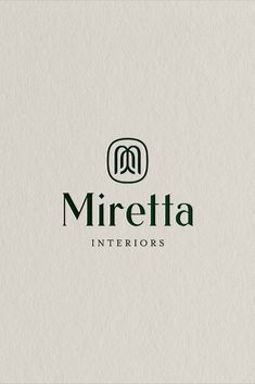 the logo for mirretta interiors is shown in green and white colors, with an elegant