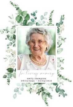 an elderly woman's portrait surrounded by green leaves and greenery on a white background