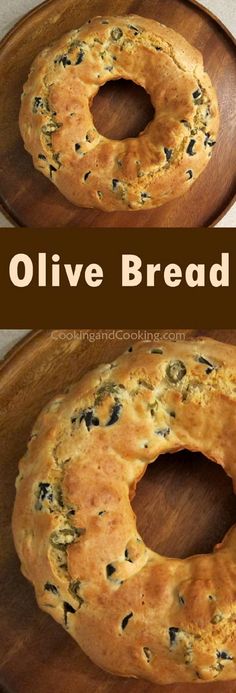 two pictures of an olive bread on a wooden platter