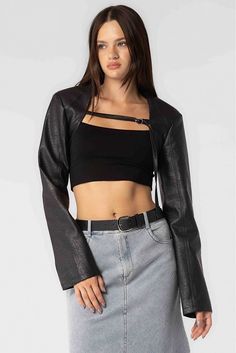 leather bolero jacket, leather bolero, black bolero Leather Bolero, Maxi Jumpsuit, Athleisure Tops, Silk Bottoms, Bolero Jacket, Leather Denim, Outerwear Sweater, Denim Pant, Denim Top