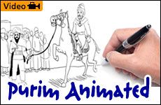 a hand holding a pen and writing on a paper with the words purim animated